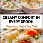 Bowl of creamy Chicken Pot Pie Soup from Natashas Kitchen with tender chicken and vegetables.